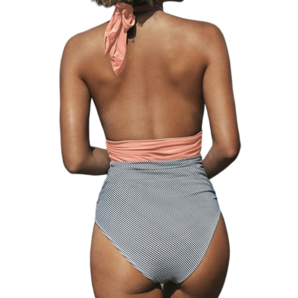 Cupshe Peach Stripe Halter One Piece Swimsuit LNC